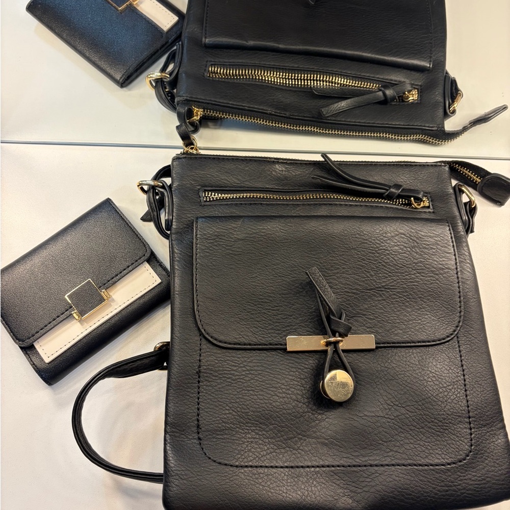 Elegant Black Leather Crossbody Bag and wallet